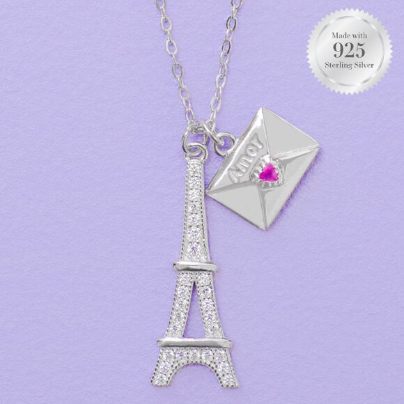 Paris Eiffel Tower and Amour Love Letter Necklace, 925 Sterling Silver - Picture 1 of 4